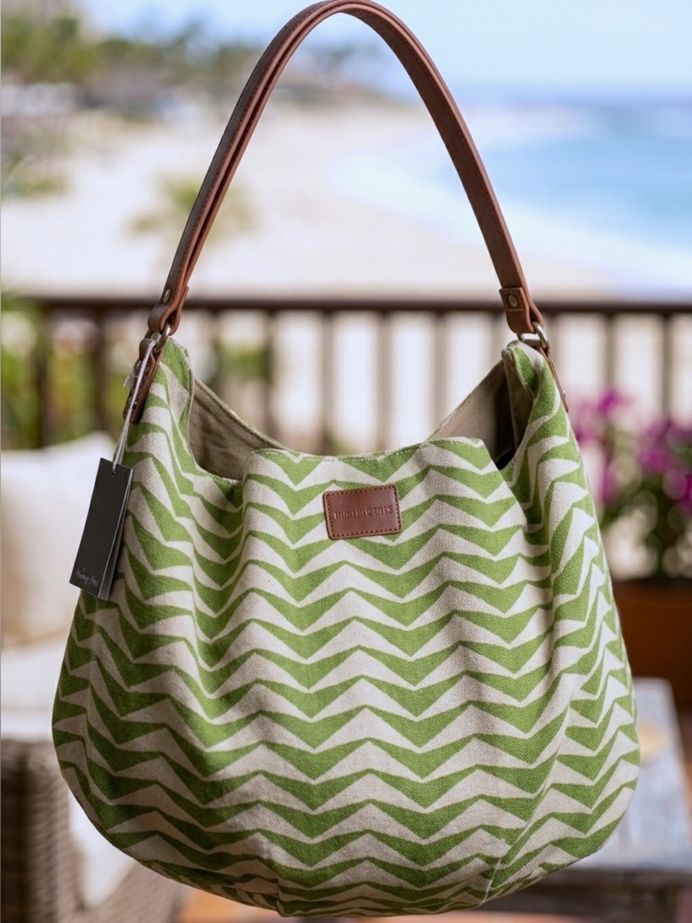 Halsea Dunes Bucket Bag Green Chevron Leather Trim Cotton Canvas Beach Chic Bag